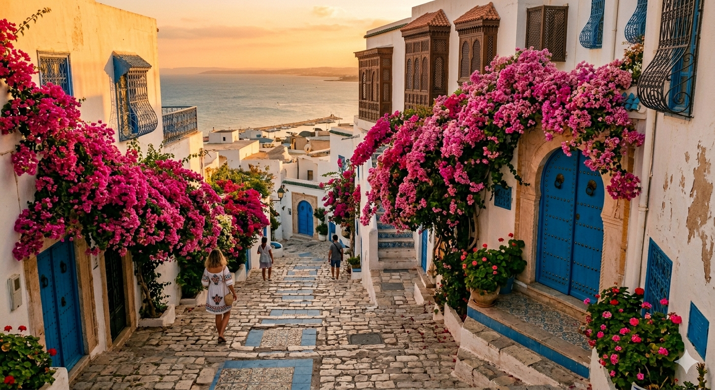 Pink bougainvillea cascading over white steps in Sidi Bou Said